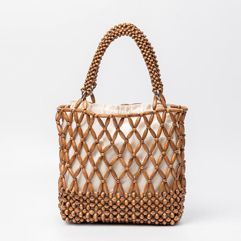 

New Fashion Handcrafted Woven Wooden Bead Women s Tote Bag Casual Travel Hollow out Beaded Beach Handbag Hand Made Underarm Bag