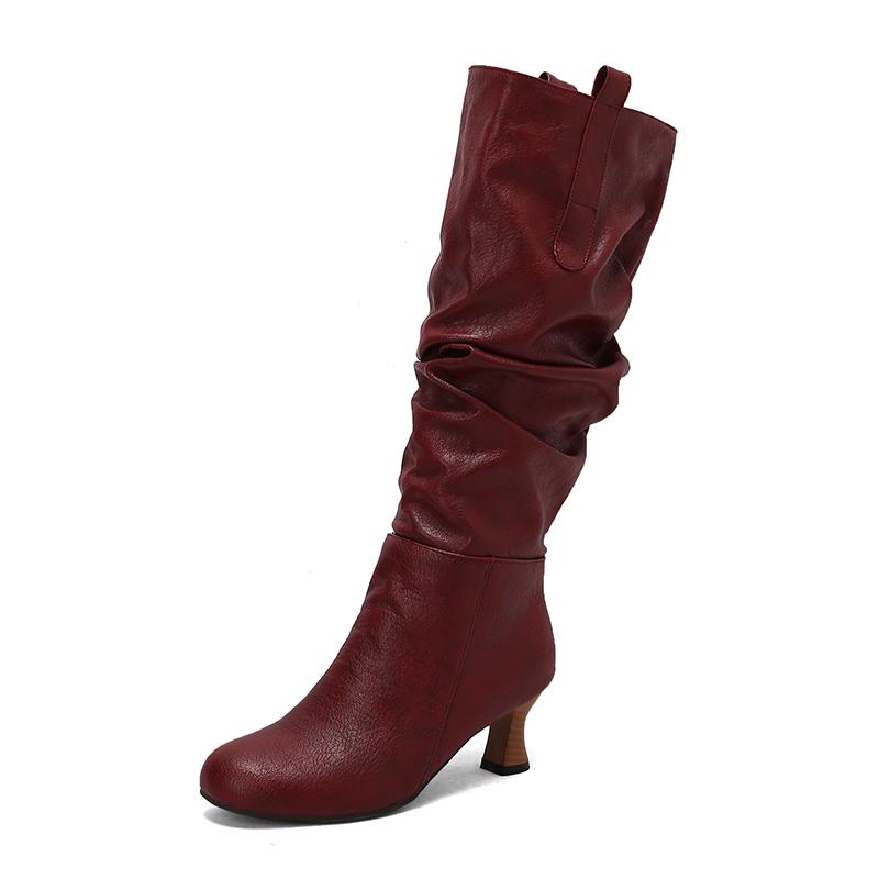 

Модные Сексуальные Женские Плиссированные Сапоги до Колена с Острым Носком на Каблуках-Шпильках на Молнии Женские Высокие Ботинки Женская Обувь 34-50 Осень Зима 40 вино красного