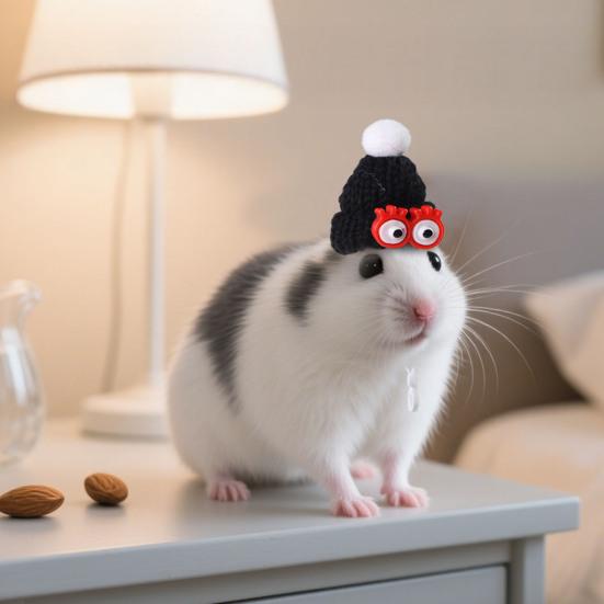 Hamsterlue Liten strikket lue med dusk Briller Lite kjæledyr Mini-lue med justerbar stropp for Marsvin Utkledning Fotorekvisitt