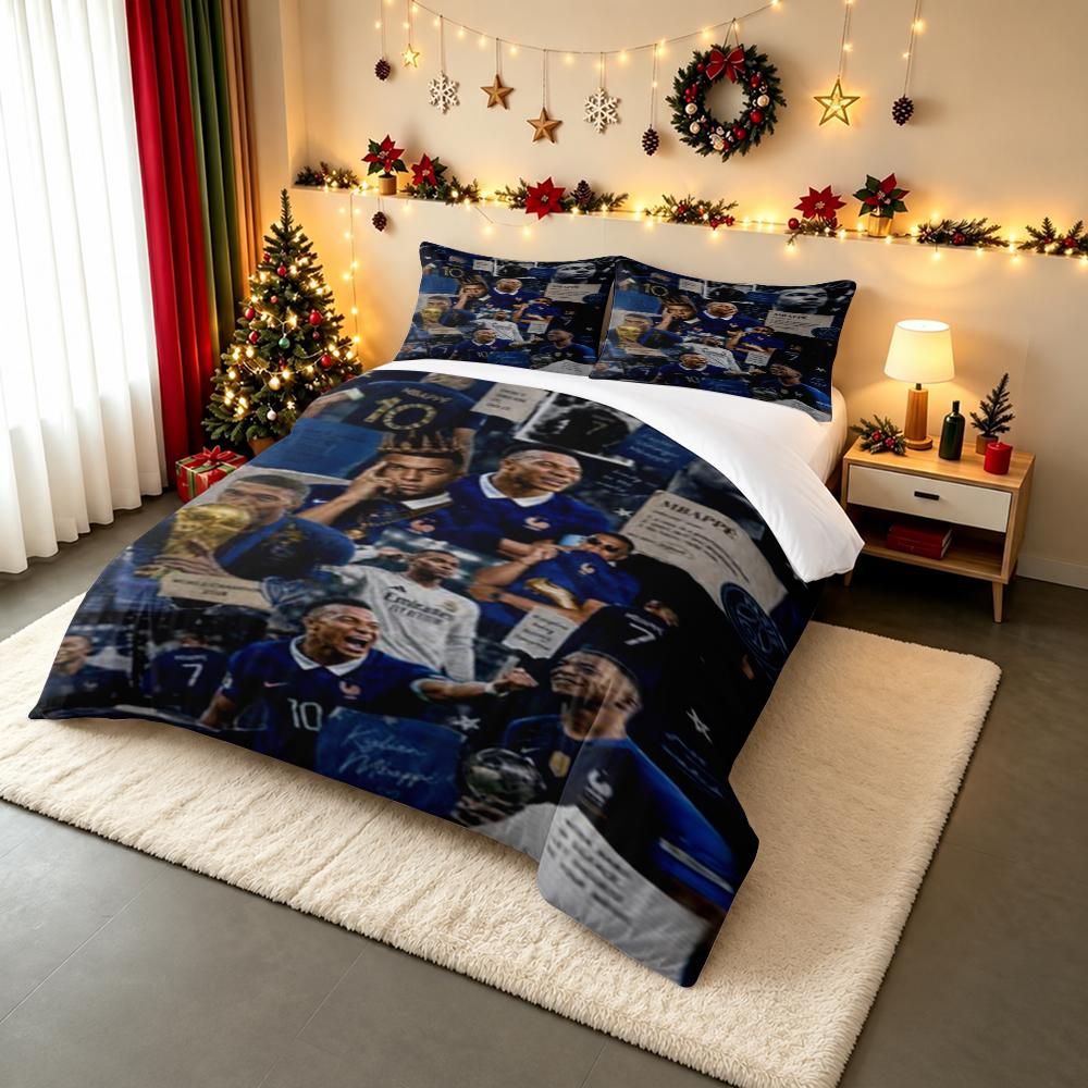3 Piece Bedding Set with Duvet Cover and 2 Pillowcases - Kylian Mbappe France Scrapbook Collage Trophy Print - Soccer Decor