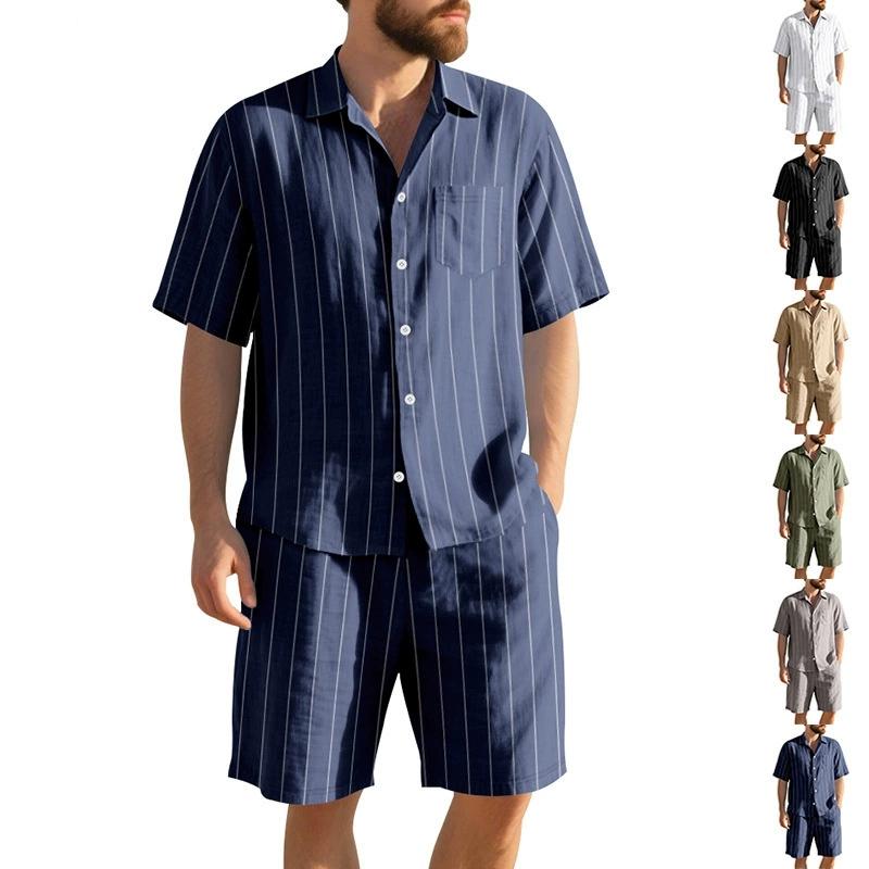 Men's Striped Jacquard Loose Short Sleeve Summer Linen Cotton Suit Shirt & Beach Shorts Two-piece Set