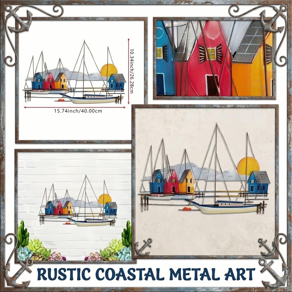 Metal Wall Art Sculpture Fishing Boat Scene Handmade Iron Craft Decorative Silhouette for Indoor Outdoor Wall Hanging Home Ornament