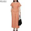 ZANZEA Women Short Sleeve T-Shirt and Pants Casual Two Piece Suit Set