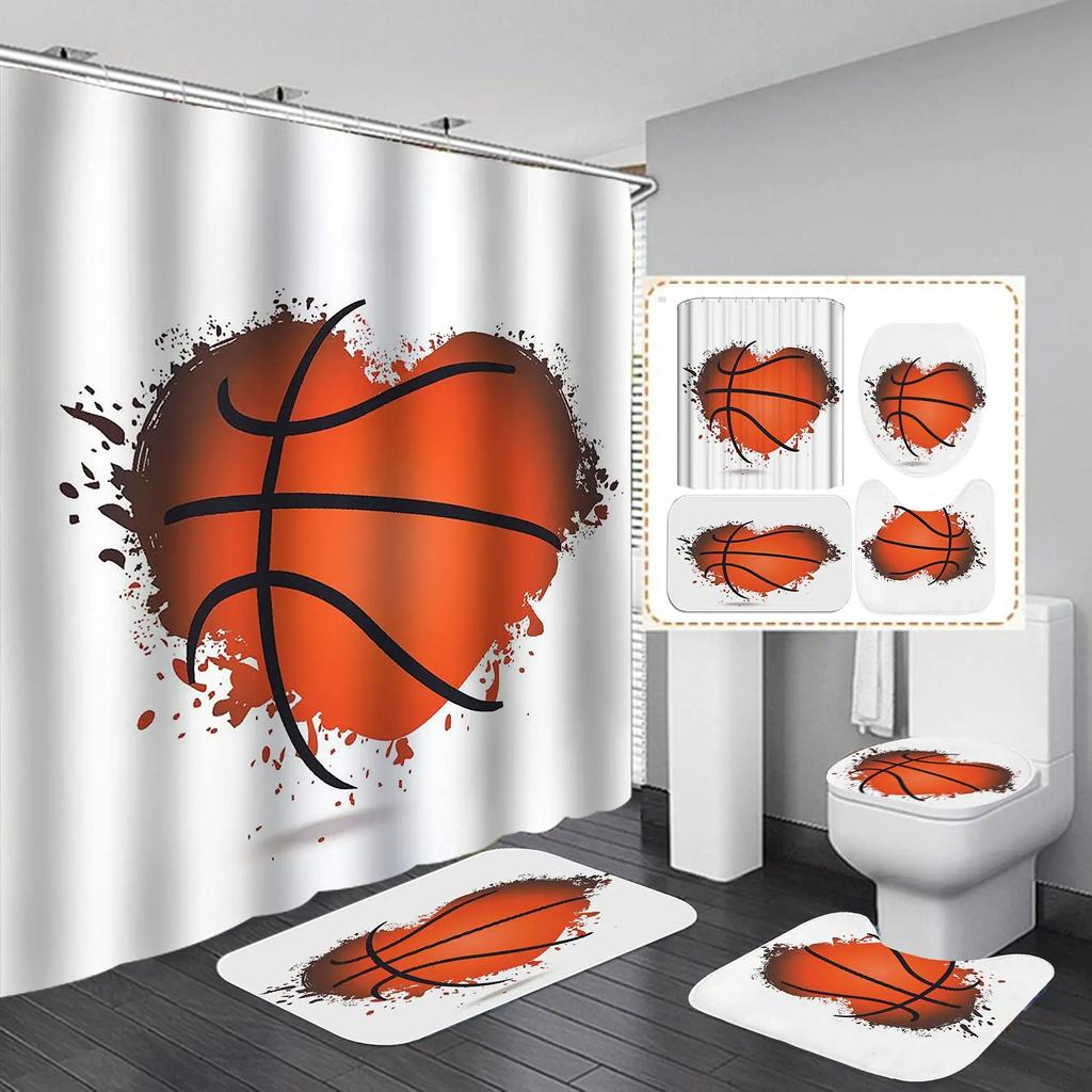 Sport Game Fabric Shower Curtain Set Cool Basketball Soccer Volleyball Rugby Baseball Graffiti Sports Theme Bathroom Set Decor