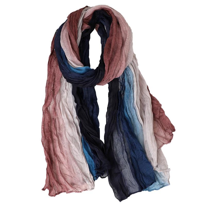 Contrast Color Cotton And Linen Wrinkled Scarf Female Literary And Artistic Fan Atmosphere Warm Silk Scarf Retro Gradual Change Color Scarf Shawl
