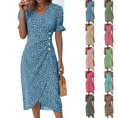 Dámské letní ležérní šaty s výstřihem do V Boho Ditsy s květinovým vzorem se zavinovacím lemem