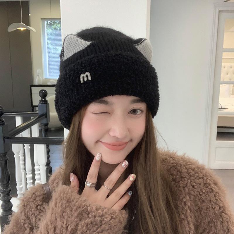 Winter Hat Women's M Standard Sweet and Cute Cat Ears Pullover Hat Versatile Velvet Knitted Hat Warm Ear Protector Cold Hat