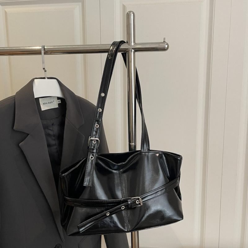 Retro Buckle Trimmed Tote Bag, Shiny Faux Leather Large Capacity Shoulder Purse with Adjustable Strap for Work Versatile Handbag