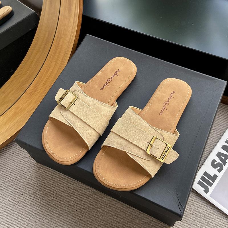 2025 Retro Women's Sandals Soft-soled Non-slip Wear-resistant Flat Shoes Fashion Metal Buckle Outdoor Comfortable Beach Shoes