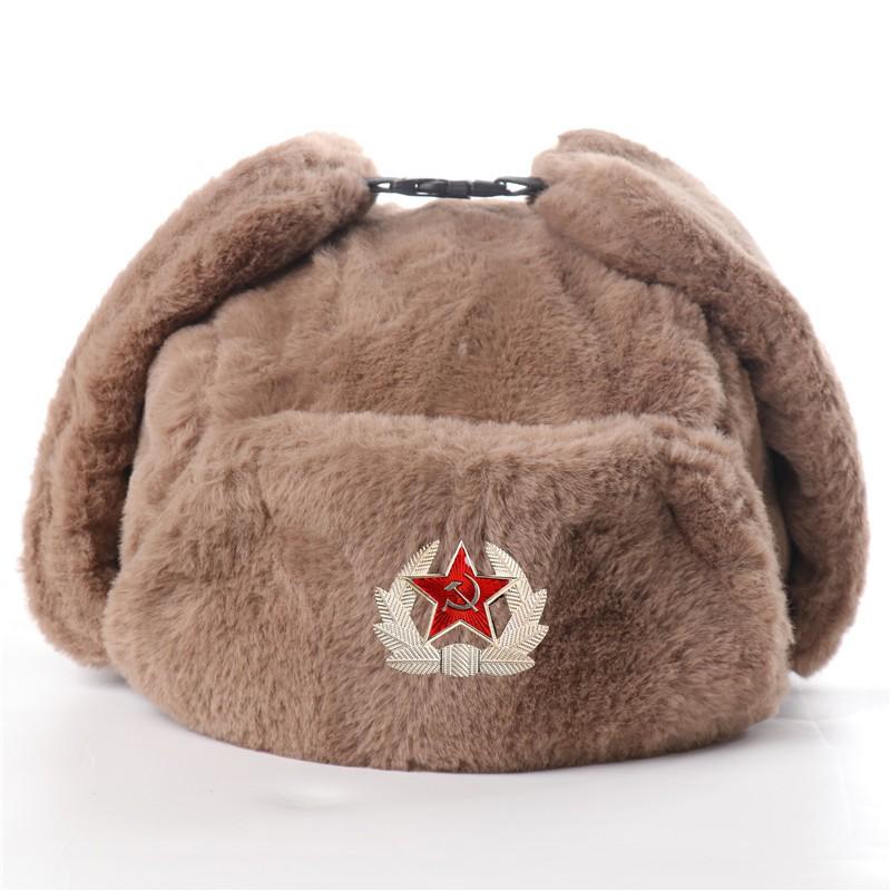 Warm Winter Military Style Earflap Hat Men Women With Embroidered Soviet Emblem Faux Fur Lined Outdoor Cap