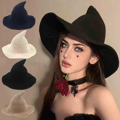 Cappello da Mago di Halloween, Cappello da Strega Vintage Appuntito a Falda Larga, Cappello Magico Tricotato Multicolore per Feste Cosplay Travestimenti