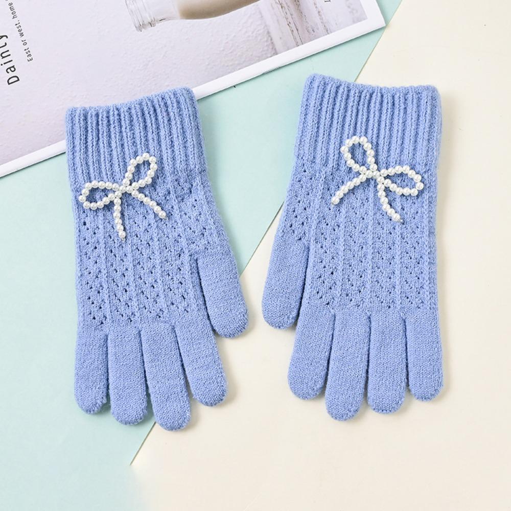 Fashion Pearl Bow Knitted Gloves Kawaii Women Mittens New Warm Fullfinger Gloves