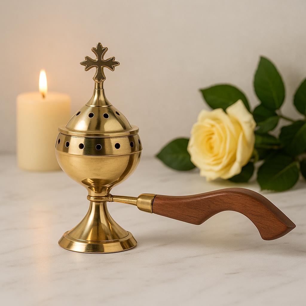 Tămâierniță Christiană din Alamă Arzător de Tămâie Mâner de Lemn Cruce