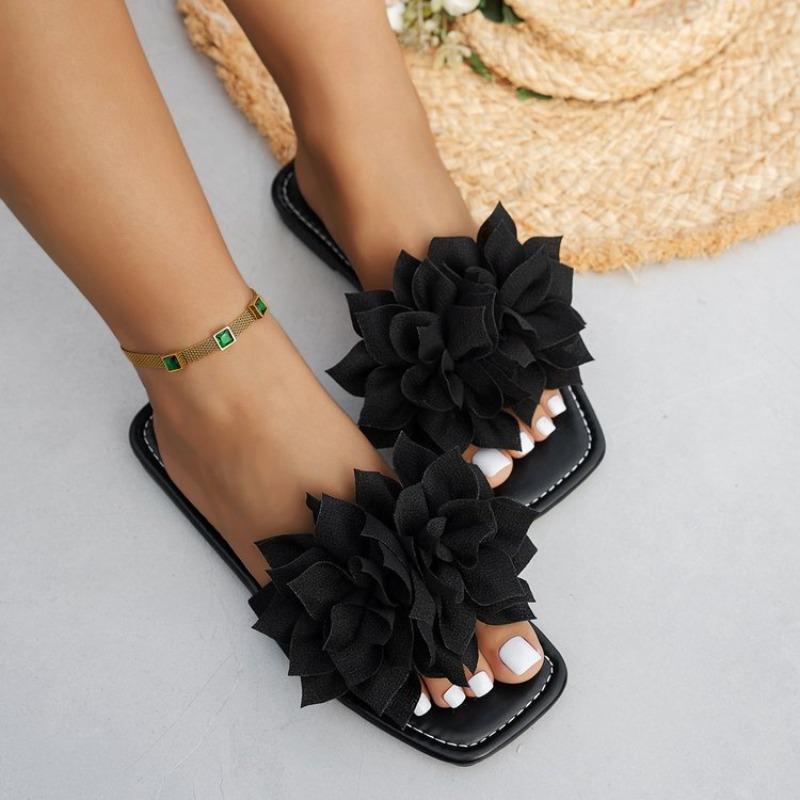 Casual Square Toe Flat Slippers Fashionable Floral Slippers for Lazy People, One Foot Stomping, Open Toed Beach Slippers