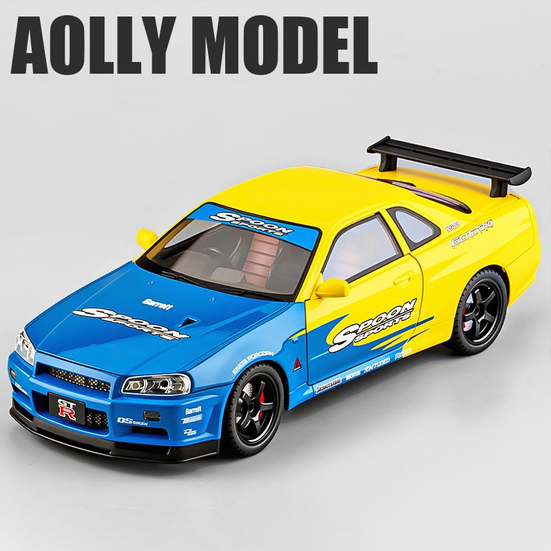 1/18 Skyline GTR R34 Modified Car Alloy Car Model Sound and Light Pull Back Children's Toy Collectibles Birthday Gift