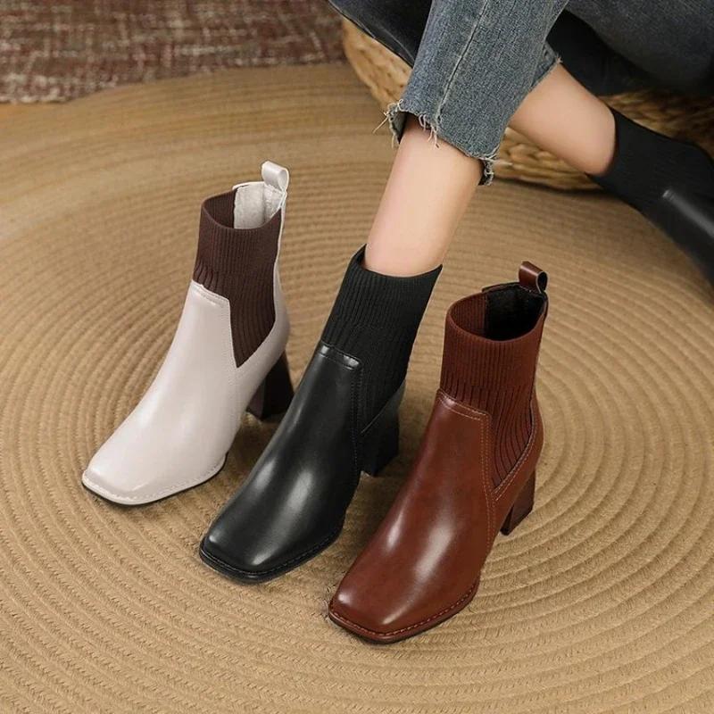 Fashion Women's Heeled Shoes Knitwear Womens Ankle Boots Comfortable Warm Women Shoes Thick Heels Office Pumps New Zapatos Mujer