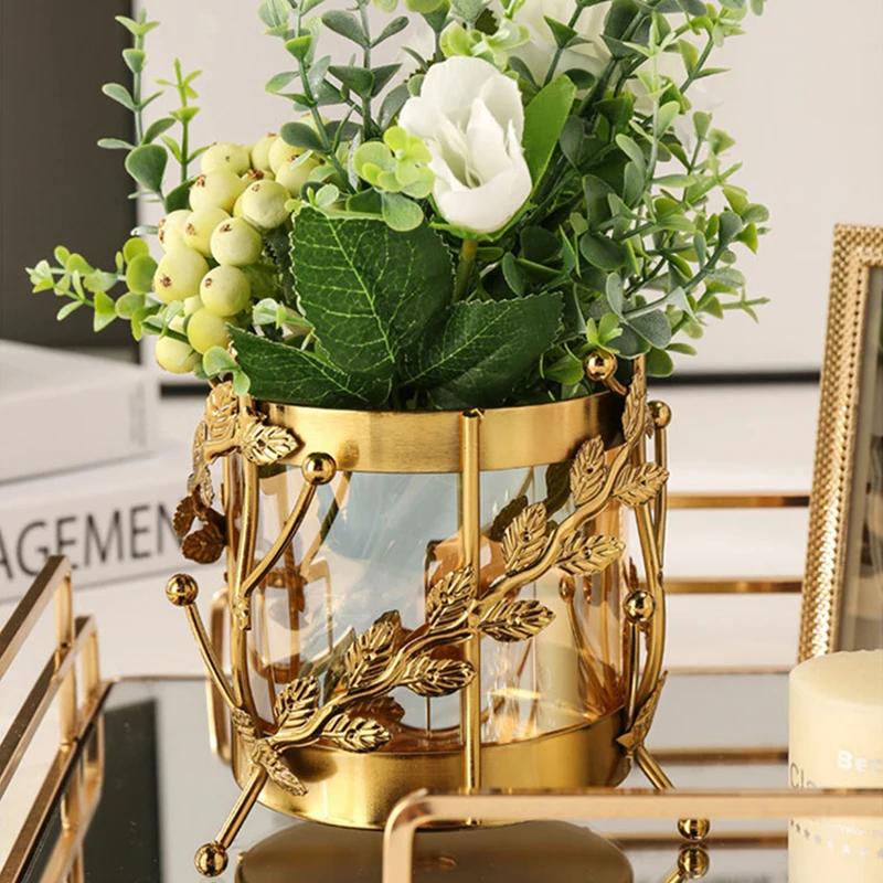 Luxury Metal Flower Vase, European Style, Glass Plant Pot, Wedding, Christmas, Living Room Dining Table Home Decoration Artwork