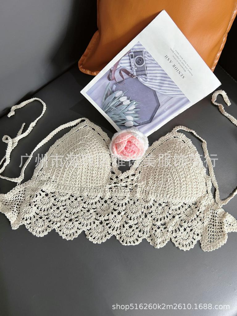 New fashionable and sexy tube top with small suspenders for women's summer seaside beach lace-up hollow knitted neck top
