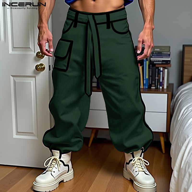 INCERUN Men Zip-up Waist Stitching Belt Corduroy Casual Long Harem Pants Trousers 