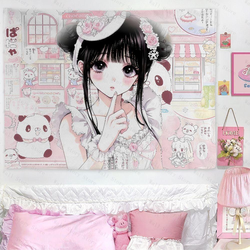 Aesthetic Pink Anime Tapestry Cute Girl Wall Hanging Kawaii Tapestry Background for Teen Girls Bedroom Dorm Decoration Tapestry