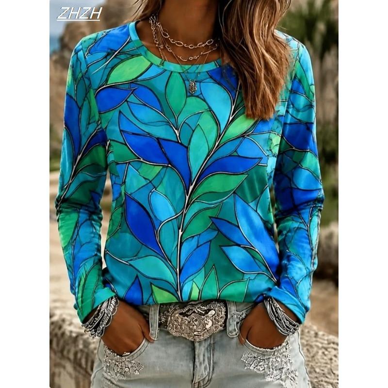 Women's T Shirt Print Floral Graphic Fashion Classic Casual Long Sleeve Crew Neck Regular Tops Casual Daily Weekend