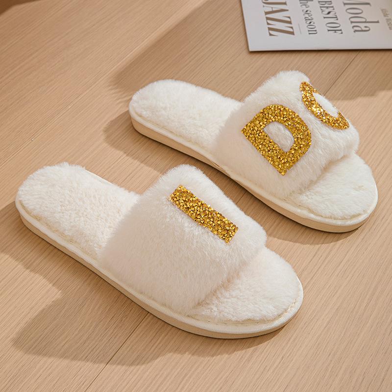 IDO Women's Furry Pearl Wedding Bachelorette Plush Slippers