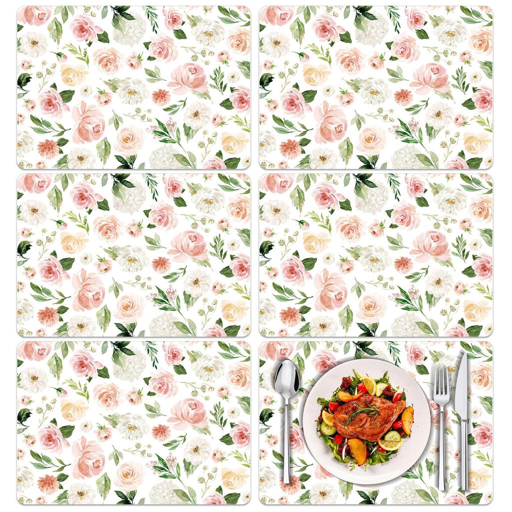 Colorful Floral Spring Plastic Placemats Set of 6,Summer Watercolor Flowers Place Mats,Washable Table Mats