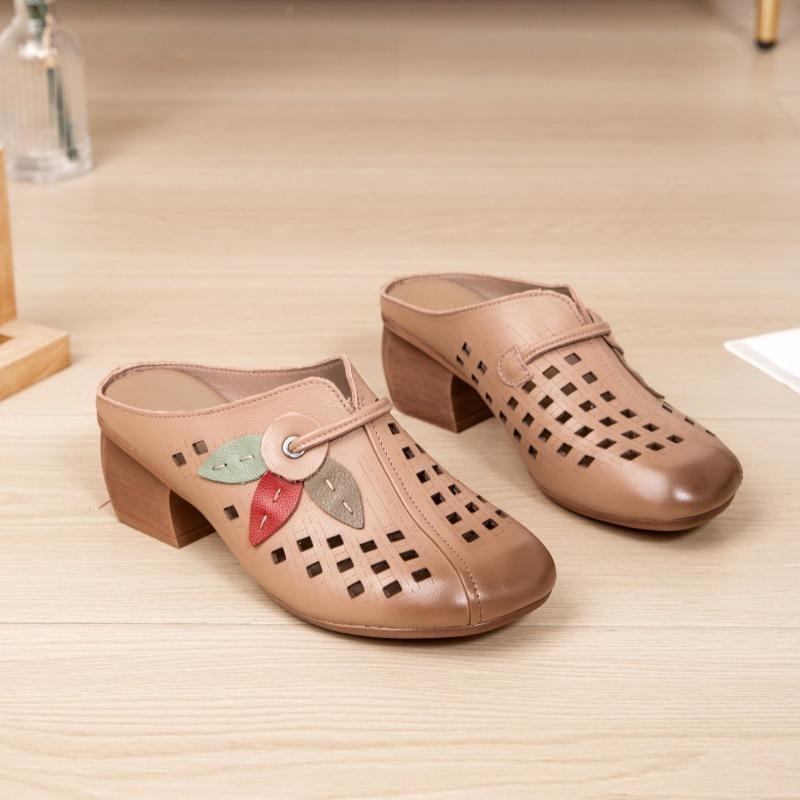 

Summer sandals women s leather thick high heels flower old mother wearing bag head women s slippers 40