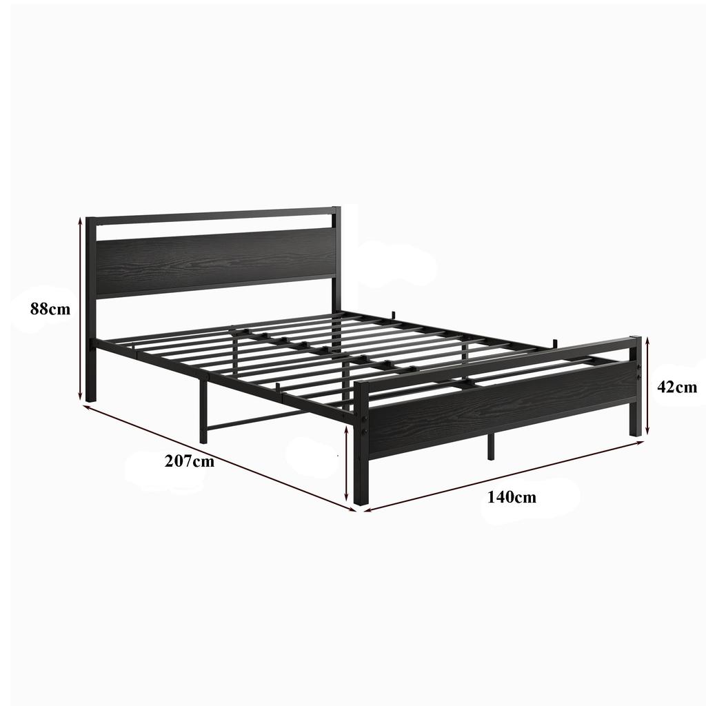 Bed Frame 140x200 cm made of Metal & Wood – Stable Single Bed with Slatted Frame & Storage, Guest Bed/Youth Bed