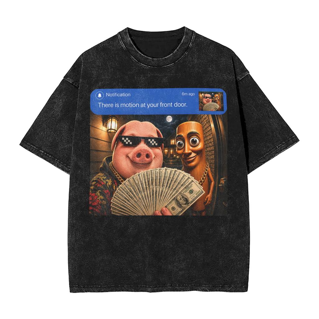 There Is Motion At Your Front Door Tung Tung Tung John Pork Men T Shirts Washed Vintage Tee Shirt Short Sleeve Crewneck Tshirt