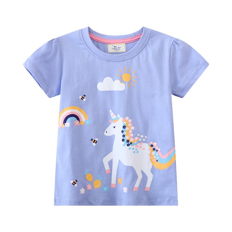 Girls' Cartoon Print Cotton T-Shirt - Short Sleeve, Loose Fit, European & American Style, Summer Base Layer