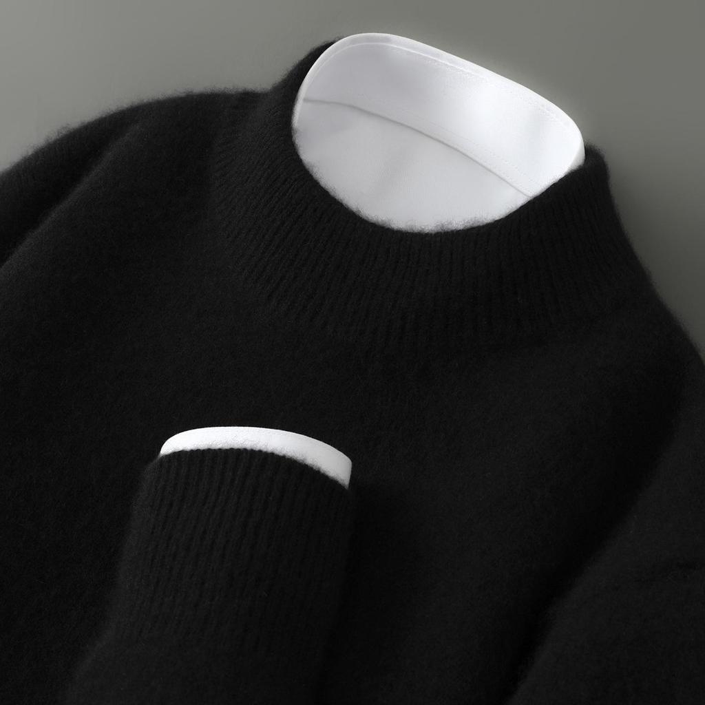 Men's Pure Wool Half-High Collar Thick Business Pullover Sweater - Loose Knit Base Layer