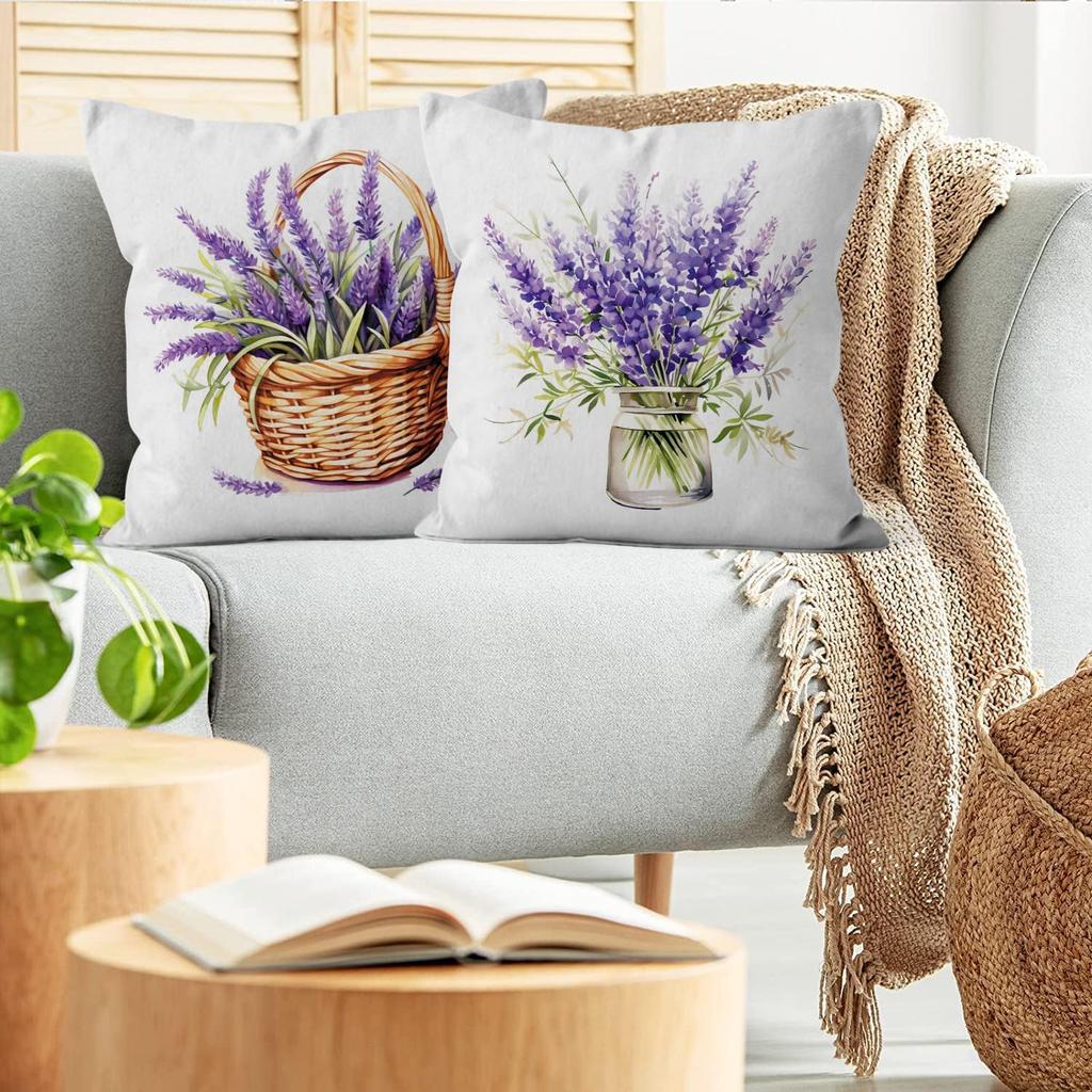 4Pcs Lavender Flower Basket Vase Pot Printed Pillow Cover Polyester Cushion Case 2D Flat Printing Pillowcase Farmhouse Zen Look