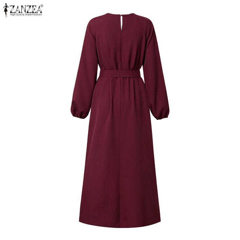 ZANZEA Women Casual Round Neck Solid Color Long Sleeve Loose Long Dress