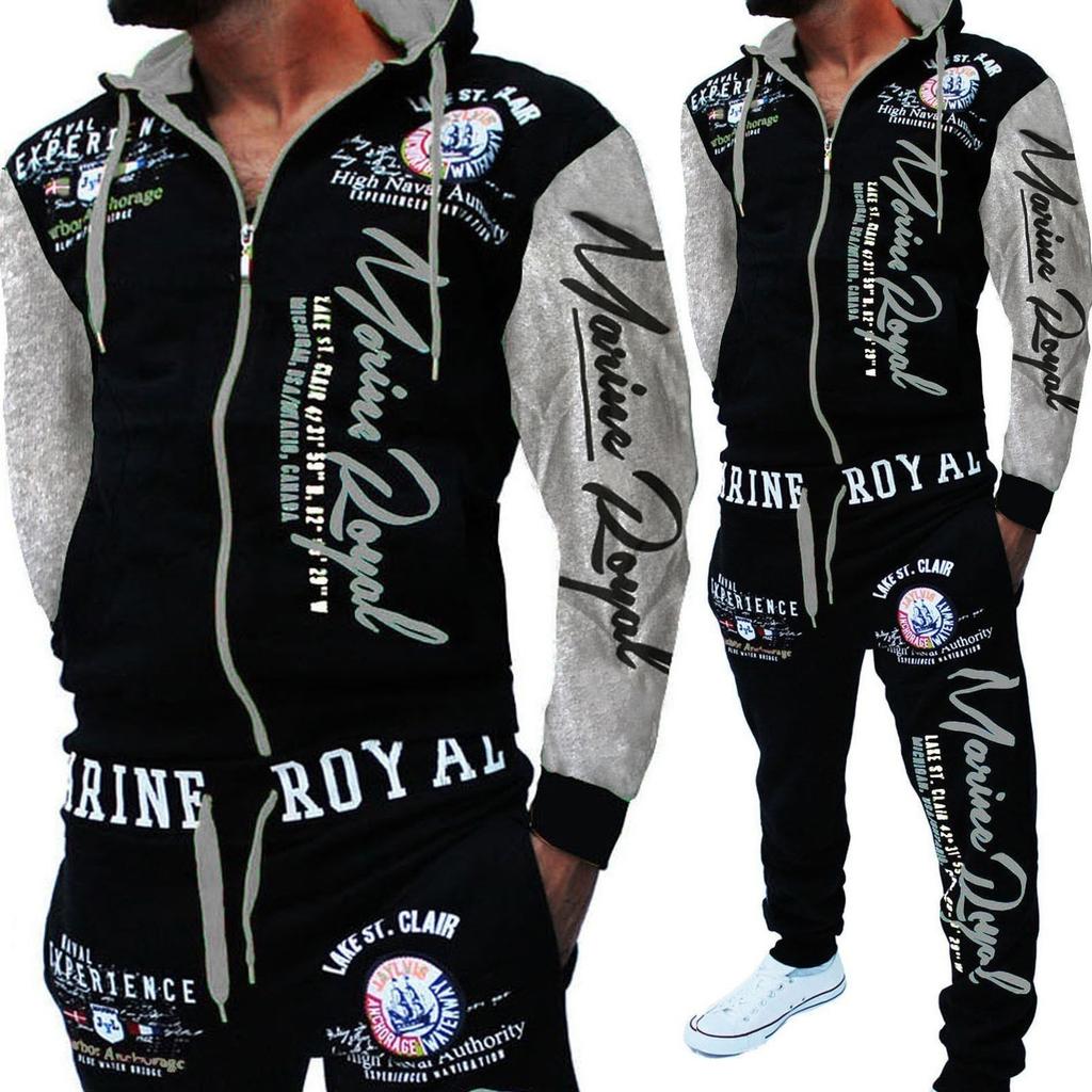 Mens Casual Cardigan Long Sleeved Hooded Sweater Youth Mens Set