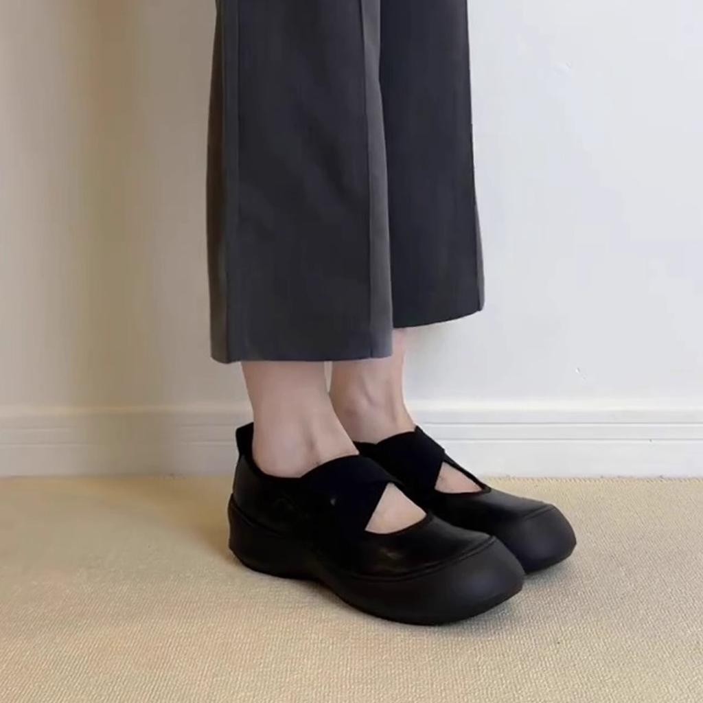 Sheepskin version~ platform sports cross strap Mary Jane small leather shoes round head ballet shoes women's shallow mouth retro single shoes