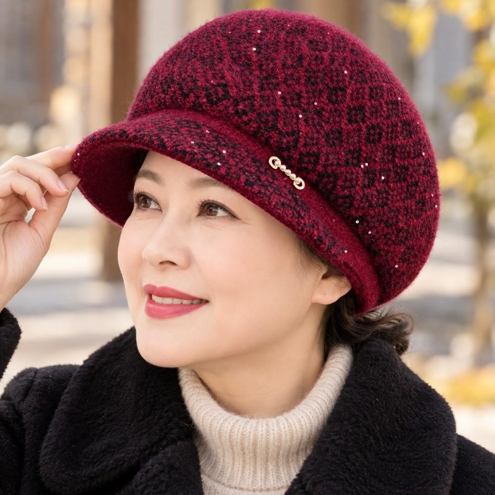Short Brim Design Winter Brimmed Hat Fleece Lined Beanie Senior Women Daily Wear