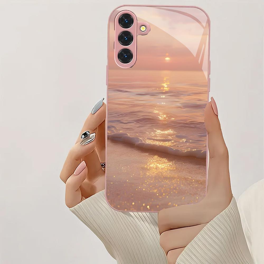Pink beach design glass phone case suitable for Samsung Galaxy S26 S25 S24 S23 S22 S20 FE/Ultra/Plus shockproof back cover