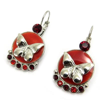 [R5640] - Silver Red 'Butterflies' Designer Earrings - 35x17 Mm