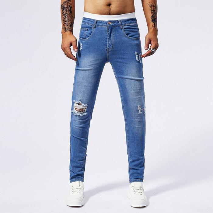 Американские рваные джинсы с заплатками мужские зауженные прямые брюки 29 синий