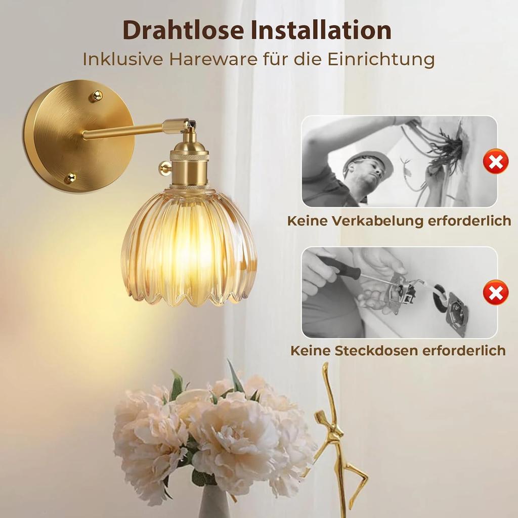 Vintage Glass Wall Sconce 2P RGB Rechargeable Bulb Wiring Free For Living Room Bedroom Study Room Cloakroom Stairwell Decor Lamp