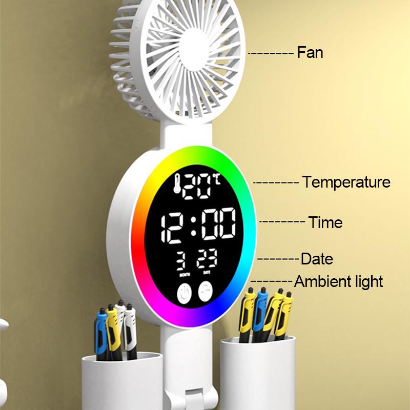 Rechargeable Table Lamp for Study, Desk Lamp Reading Light Led Table Light with Fan, Led Clock Dispaly Reading Lamp