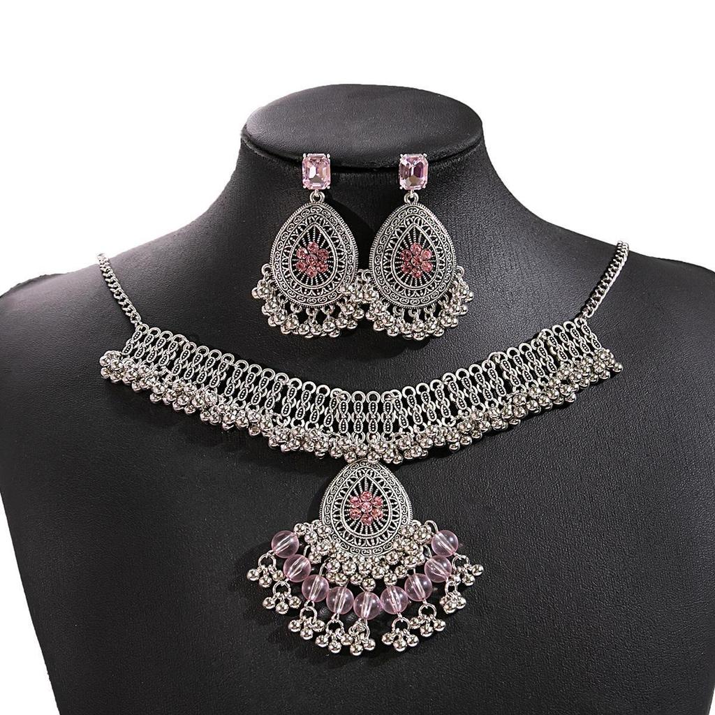 European and American luxury flower jewelry set, retro fringed round gemstone necklace geometric water drop square earrings for women
