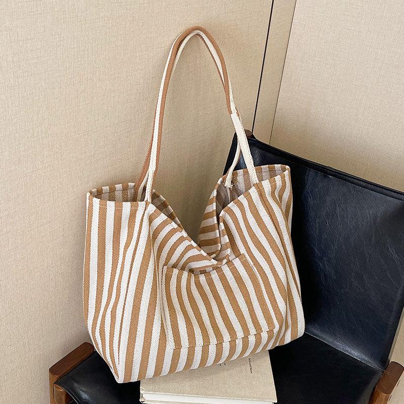 Simple Casual Striped Lazy Wind Large Capacity Tote Bag Female Student Commuting Fashion Shoulder Bag