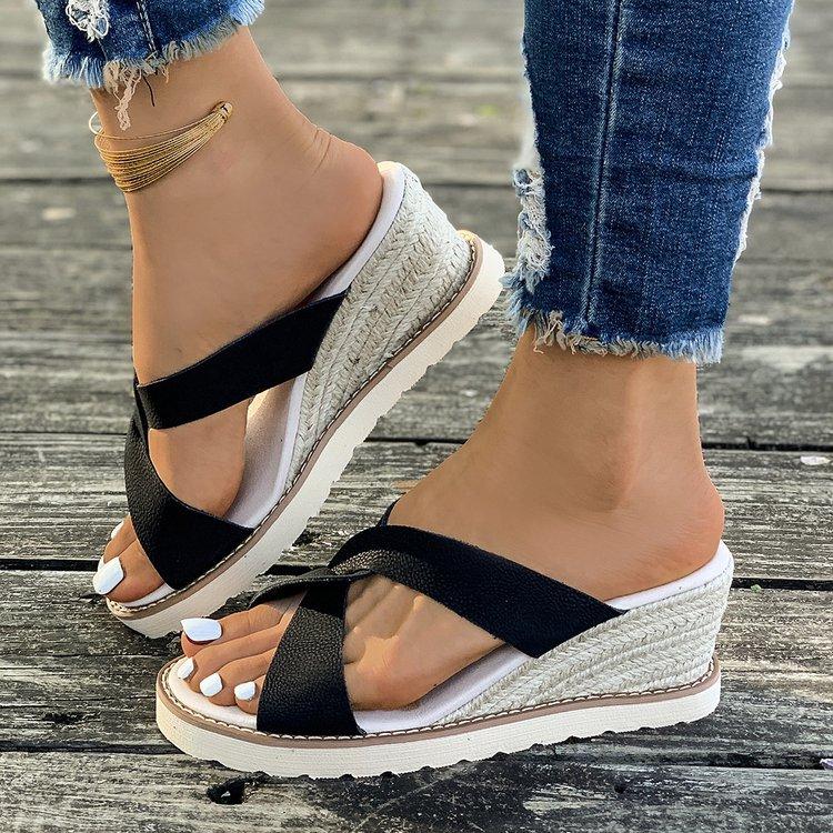 Sommer Neue Bequeme Plateau Keil Fischmund Lässige Hausschuhe Mode Offene Zehen Große Größe Kreuzgurt Tragen Damenschuhe