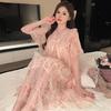 Linglei Summer Printed Lace Bow Mesh Court Princess Style Long Nightdress Pajamas Loungewear Women