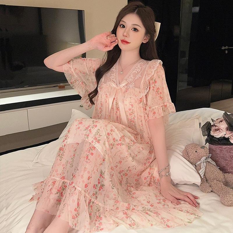 Linglei Summer Printed Lace Bow Mesh Court Princess Style Long Nightdress Pajamas Loungewear Women