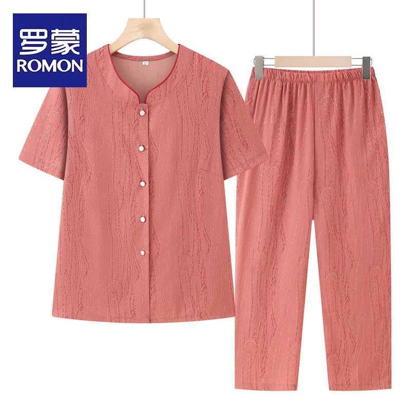 ROMON Elderly Women s Summer Short-Sleeve Two-Piece Set 4XL