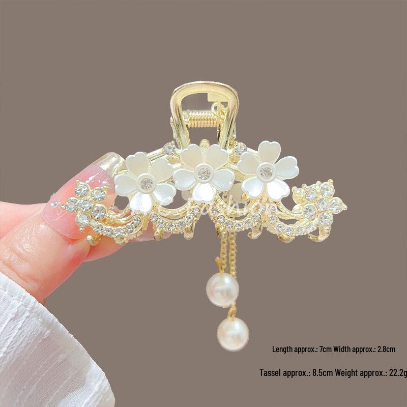 Püsküllü Beyaz Lotus İnci Yüksek At Kuyruğu Saç Tokası, Kadınlar İçin Yarı Bağlı Saç Sabitleme için Başın Arkasına Takılan Toka.