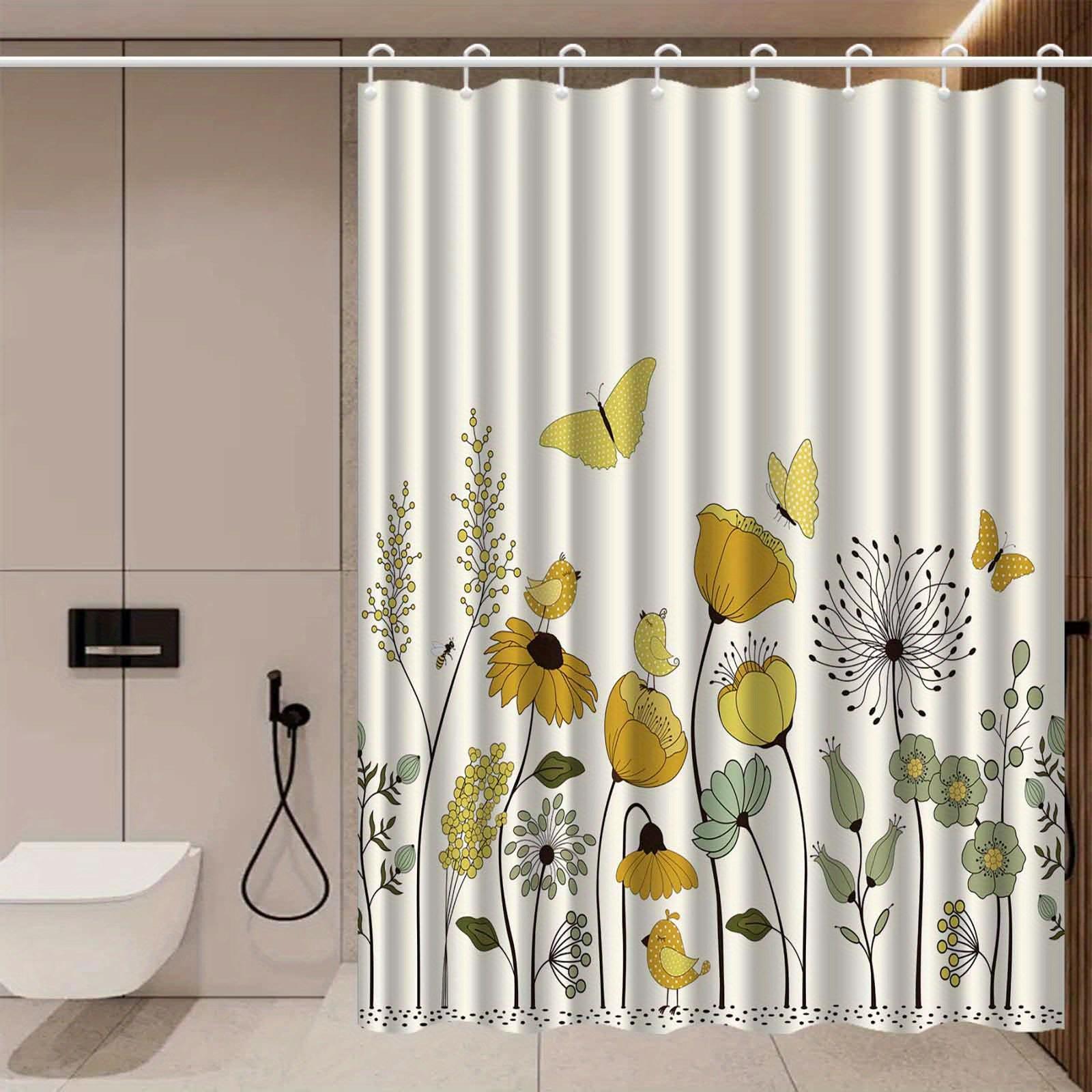 1pc Nordic simple beige plant flower bird butterfly pattern shower curtain high-end elegant bathroom curtain toilet decoration 90X180cm